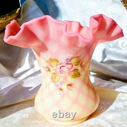 Vintage Fenton Hand Painted Signed Burmese Satin Glass Wide Vase Diamond Optic