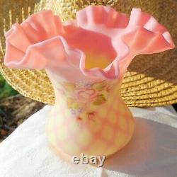 Vintage Fenton Hand Painted Signed Burmese Satin Glass Wide Vase Diamond Optic