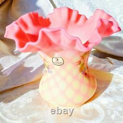 Vintage Fenton Hand Painted Signed Burmese Satin Glass Wide Vase Diamond Optic