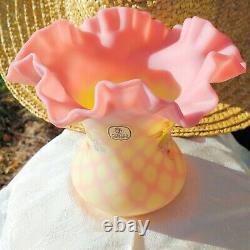 Vintage Fenton Hand Painted Signed Burmese Satin Glass Wide Vase Diamond Optic