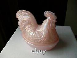 Vintage Fenton Hen Rooster On Nest Large 8 1/2 Shell Pink Iridescent Carnival