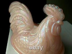Vintage Fenton Hen Rooster On Nest Large 8 1/2 Shell Pink Iridescent Carnival
