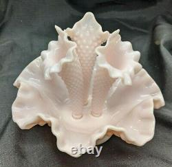 Vintage Fenton Hobnail Rose Pastel Milk Glass 3 Horn Epergne