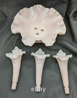 Vintage Fenton Hobnail Rose Pastel Milk Glass 3 Horn Epergne