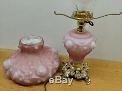 Vintage Fenton LG Wright Pink Cased Puffy Cabbage Rose Parlor Lamp & Night Light