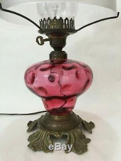 Vintage Fenton Lamp Cranberry Glass withEtched Pink Vianne France Shade, 18 1/2 T