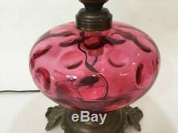 Vintage Fenton Lamp Cranberry Glass withEtched Pink Vianne France Shade, 18 1/2 T