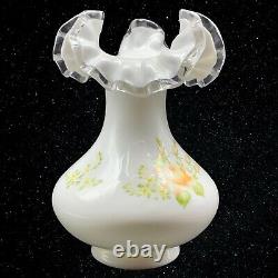 Vintage Fenton Milk Art Glass Silver Crest Hand Painted Rose Vase Signed Ruffled