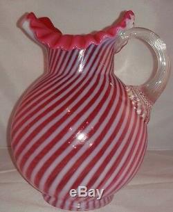 Vintage Fenton Opalescent Cranberry Optic Swirl Water Pitcher, Pink and White St