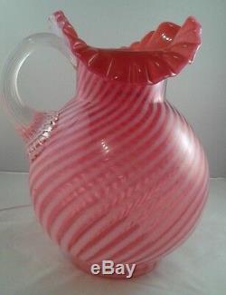 Vintage Fenton Opalescent Cranberry Optic Swirl Water Pitcher, Pink and White St