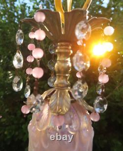 Vintage Fenton Pink Iridescent Glass lily valley hanging Swag Lamp brass beaded