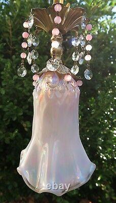 Vintage Fenton Pink Iridescent Glass lily valley hanging Swag Lamp brass beaded
