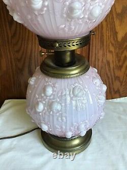 Vintage Fenton Pink Lavendar Cabbage Rose Overlay Gond With The Wind Lamp