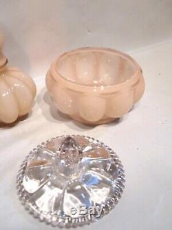 Vintage Fenton Pink Rose Overlay Melon Vanity Perfume Bottles Powder Box 8 Pcs