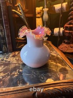 Vintage Fenton Uranium Milk Art Glass Ruffled Vase, White/Pink, UV Reactive