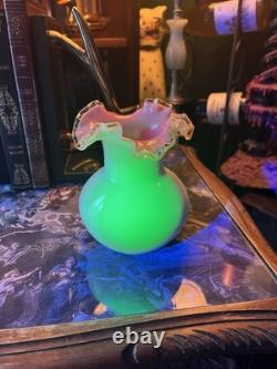 Vintage Fenton Uranium Milk Art Glass Ruffled Vase, White/Pink, UV Reactive
