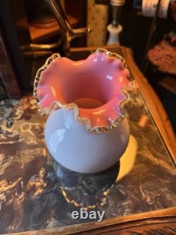 Vintage Fenton Uranium Milk Art Glass Ruffled Vase, White/Pink, UV Reactive