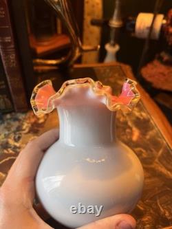 Vintage Fenton Uranium Milk Art Glass Ruffled Vase, White/Pink, UV Reactive