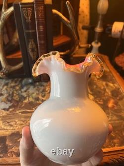 Vintage Fenton Uranium Milk Art Glass Ruffled Vase, White/Pink, UV Reactive