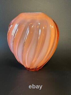 Vintage Fluted, Oval, Salmon, Blown Glass Vase, 13 x 10 x 7, 12 lbs