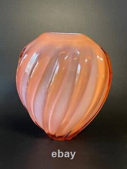 Vintage Fluted, Oval, Salmon, Blown Glass Vase, 13 x 10 x 7, 12 lbs