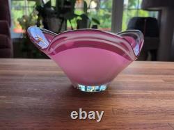 Vintage Flygsfors Coquille Art Glass Bowl Pink White Scandinavian Swedish Signed