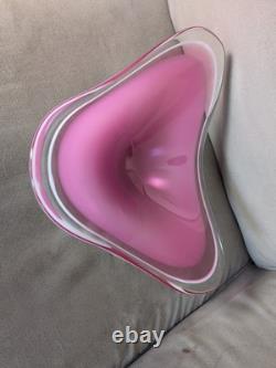 Vintage Flygsfors Coquille Art Glass Bowl Pink White Scandinavian Swedish Signed