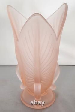 Vintage Frosted Pink Art Glass Vase with Leaf & Scroll Handles Barolac Style