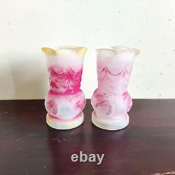 Vintage Glass Floral Art Design Pink Shade Flower Vase Pair Old Decorative GV176