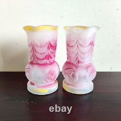 Vintage Glass Floral Art Design Pink Shade Flower Vase Pair Old Decorative GV176