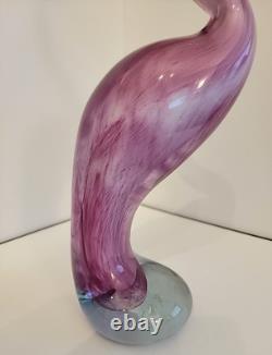 Vintage Hand Blown Art Glass Flamingo Crane Sculpture Pink Clear Base 13.5