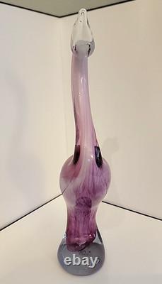 Vintage Hand Blown Art Glass Flamingo Crane Sculpture Pink Clear Base 13.5