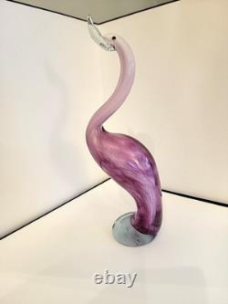 Vintage Hand Blown Art Glass Flamingo Crane Sculpture Pink Clear Base 13.5