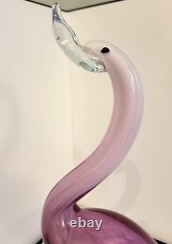 Vintage Hand Blown Art Glass Flamingo Crane Sculpture Pink Clear Base 13.5