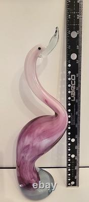 Vintage Hand Blown Art Glass Flamingo Crane Sculpture Pink Clear Base 13.5