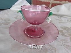 Vintage Hand Blown Venetian Murano Art Glass Applied Flowers Pink Sherbet Set