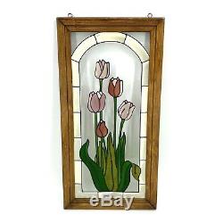 Vintage Hanging Stained Glass Art Panel Pink Tulips Flower Garden Window Wall