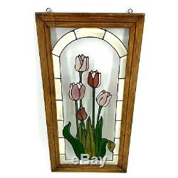 Vintage Hanging Stained Glass Art Panel Pink Tulips Flower Garden Window Wall