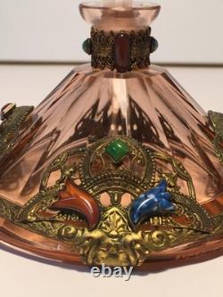 Vintage Heinrich Hoffmann art deco Czech bohemian perfume bottle pink glass