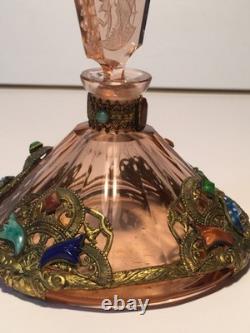 Vintage Heinrich Hoffmann art deco Czech bohemian perfume bottle pink glass