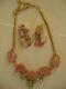 Vintage Hobe Pink Slag Hearts Mayorka Petal Art Glass Necklace & Earrings