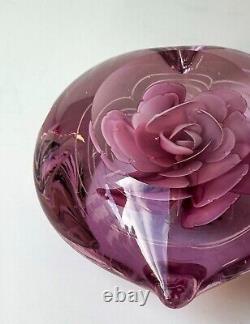 Vintage Hot Pink Heart Shaped Glass Paperweight, Rose Design Collectible Glass