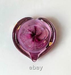 Vintage Hot Pink Heart Shaped Glass Paperweight, Rose Design Collectible Glass