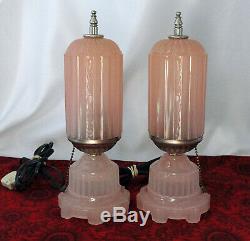 Vintage Houze Art DECO Opaque PINK Glass Electric Boudoir Dresser Bullet Lamps