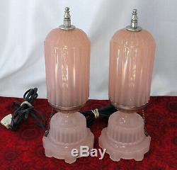 Vintage Houze Art DECO Opaque PINK Glass Electric Boudoir Dresser Bullet Lamps