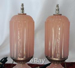 Vintage Houze Art DECO Opaque PINK Glass Electric Boudoir Dresser Bullet Lamps