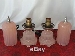 Vintage Houze Art DECO Opaque PINK Glass Electric Boudoir Dresser Bullet Lamps