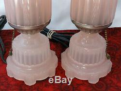 Vintage Houze Art DECO Opaque PINK Glass Electric Boudoir Dresser Bullet Lamps