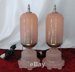 Vintage Houze Art DECO Opaque PINK Glass Electric Boudoir Dresser Bullet Lamps