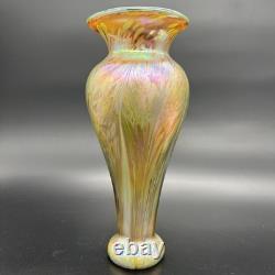 Vintage Iridescent Art Glass Vase Gold Purple Pink Green Luster Signed Fiske'81